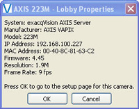 exacqVision Camera Properties window