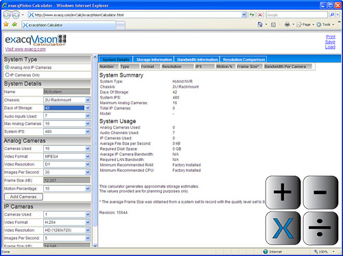 exacqVision Disc & Bandwidth Calculator