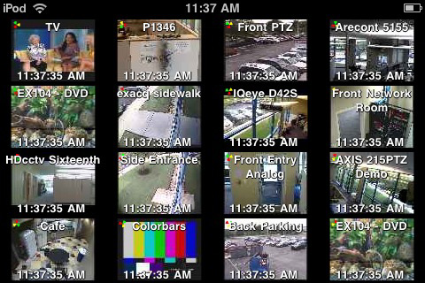 exacqVision iPhone surveillance app 4x4 layout