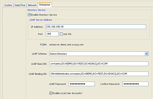 exacqVision LDAP setup screen