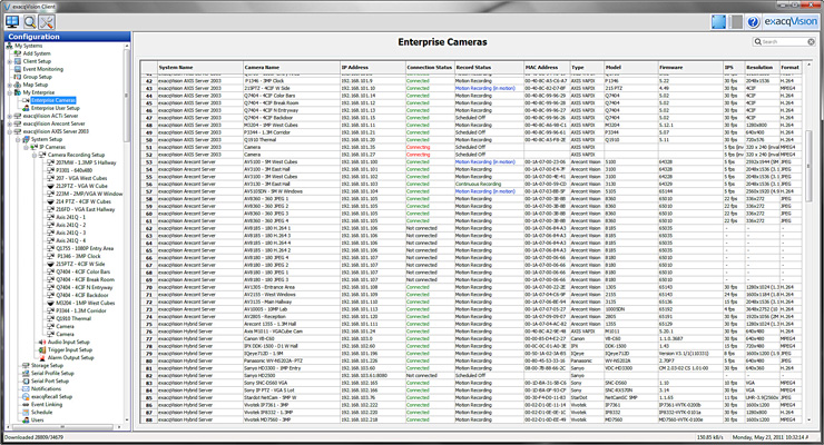 exacqVision Enterprise Cameras screen