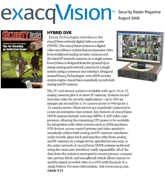 Exacq in Security Dealer Magazine, August 2006